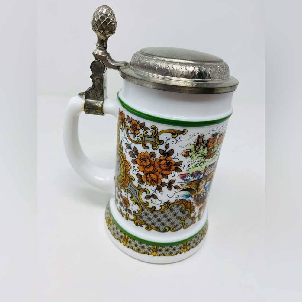 Vintage Western Germany BMF BierSeidel Milk Glass Beer Stein with Pewter Lid